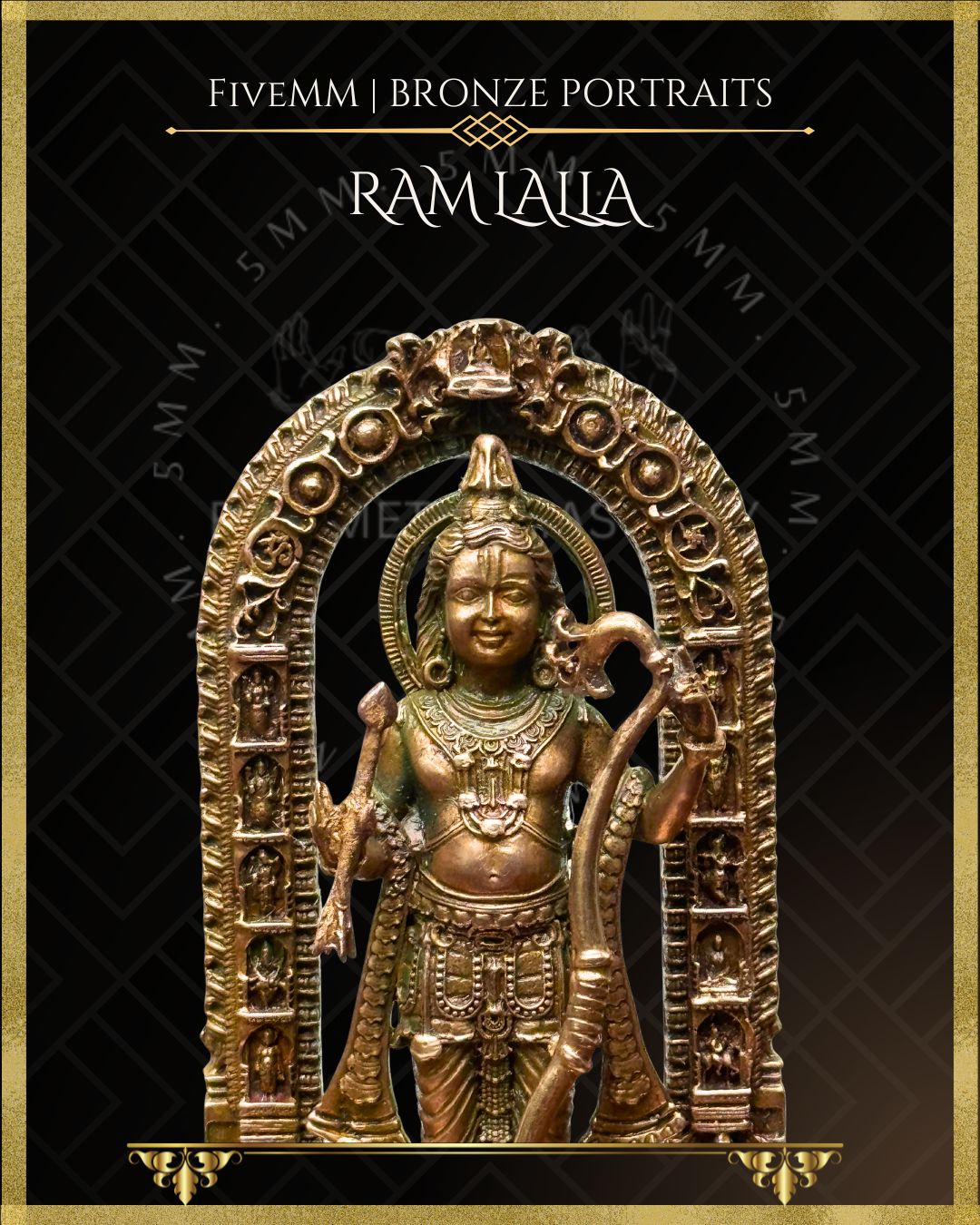 Close-up view of a handcrafted Panchaloha bronze icon of Ram lalla , highlighting the serene facial features, knotted jata, bow and arrow, intricate jewellery, ornate prabhavali with miniature Dasavatar motifs, and classical Indian bronze craftsmanship