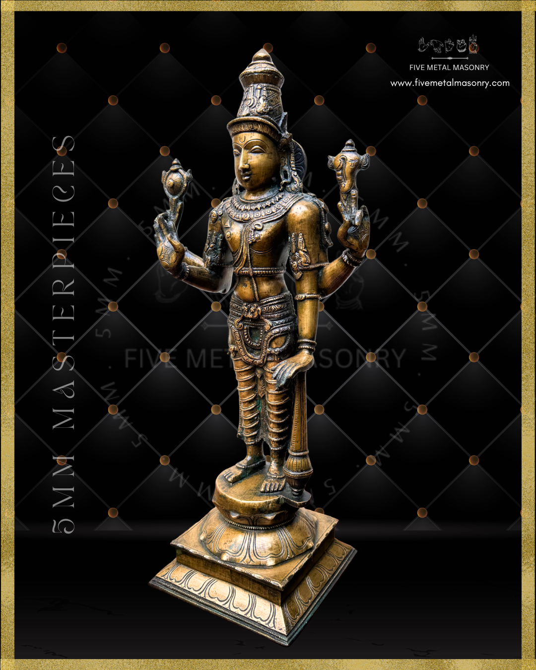 Left profile view of Handcrafted Vishnu Panchaloha bronze statue with four arms holding cakra and sankha, abhaya mudra and gada, crafted with detailed South Indian iconography in the silpa-sastra tradition.