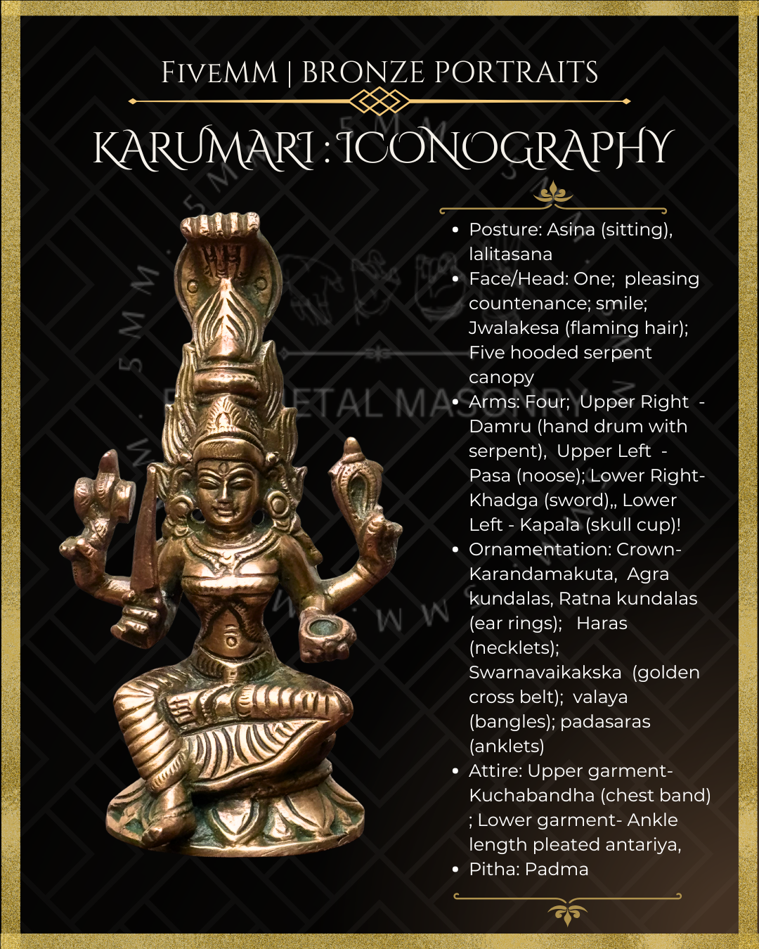 Karumari amman Panchaloha Bronze statue - Shilpa Sastra iconography, handcrafted lost wax casting – iconographic description
