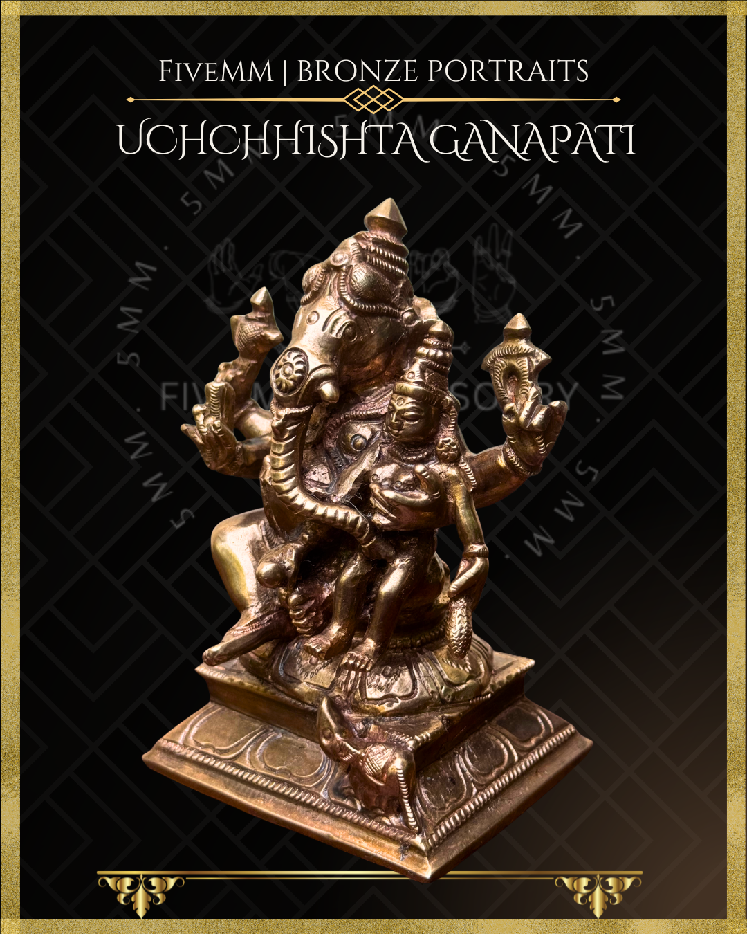 Left side view of Handcrafted Panchaloha bronze Uchchhishta Ganapati, silpa-sastra aligned and rooted in the South Indian iconographic tradition, depicted seated with Devi on his lap, multiple arms bearing attributes, detailed ornaments and musika vahana at the pedestal.