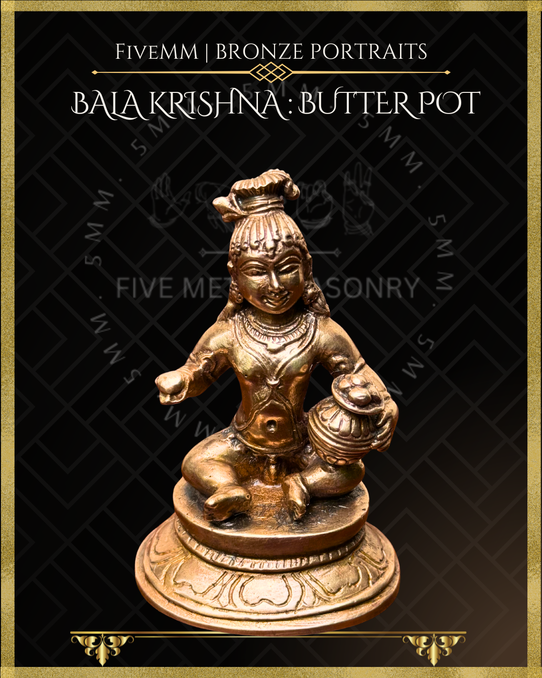Top angle view of Handcrafted Panchaloha bronze of Bala Krishna seated on a lotus pedestal, holding a ball of butter and a decorated butter pot, crafted according to traditional Shilpasastra iconography.