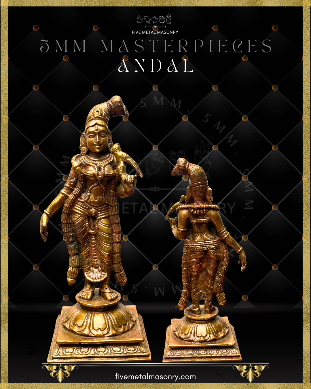 Front and rear view of Andal panchaloha bronze icon from the 12 Alvars Masterpieces collection, showing devotional posture, ornamentation, and pedestal detailing.