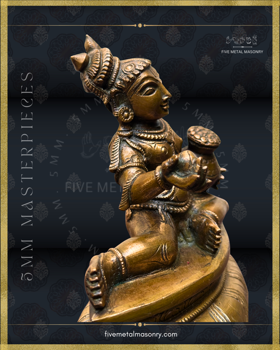 Side view of handcrafted Panchaloha Bala Krishna bronze from the 5MM Masterpieces Collection, showing the seated child Krishna holding navanita butter beside a butter pot, with peacock-feathered top knot, kundalas, hara, armlets and bracelets, crafted according to Silpasastra iconography.