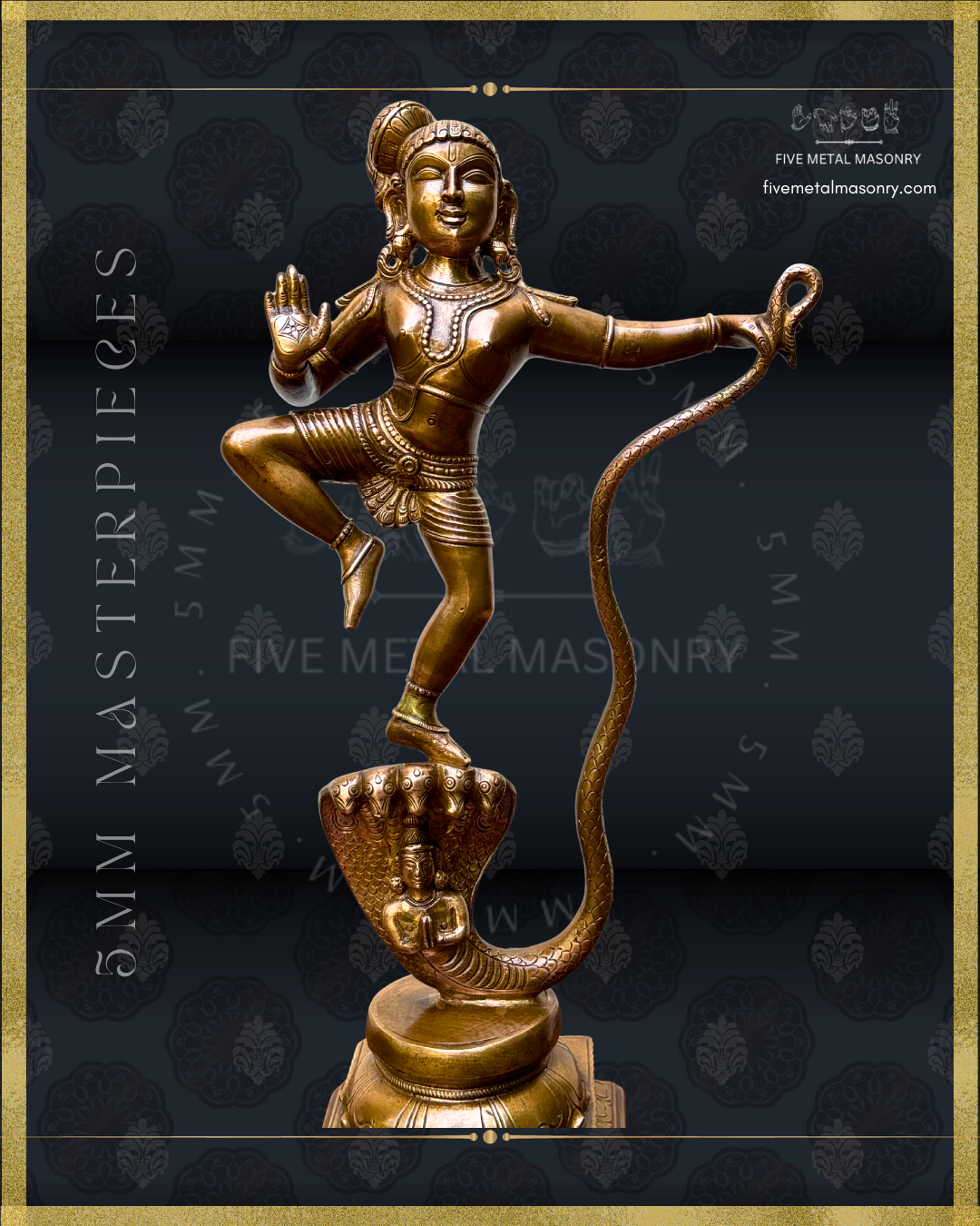 Closeup view of view of handcrafted Panchaloha bronze of Kaliya Tandava Krishna from our Masterpieces Collection, depicting Krishna dancing on the multi-hooded serpent Kaliya and holding his curving tail, aligned with Silpa Sastra principles and South Indian iconographic tradition.
