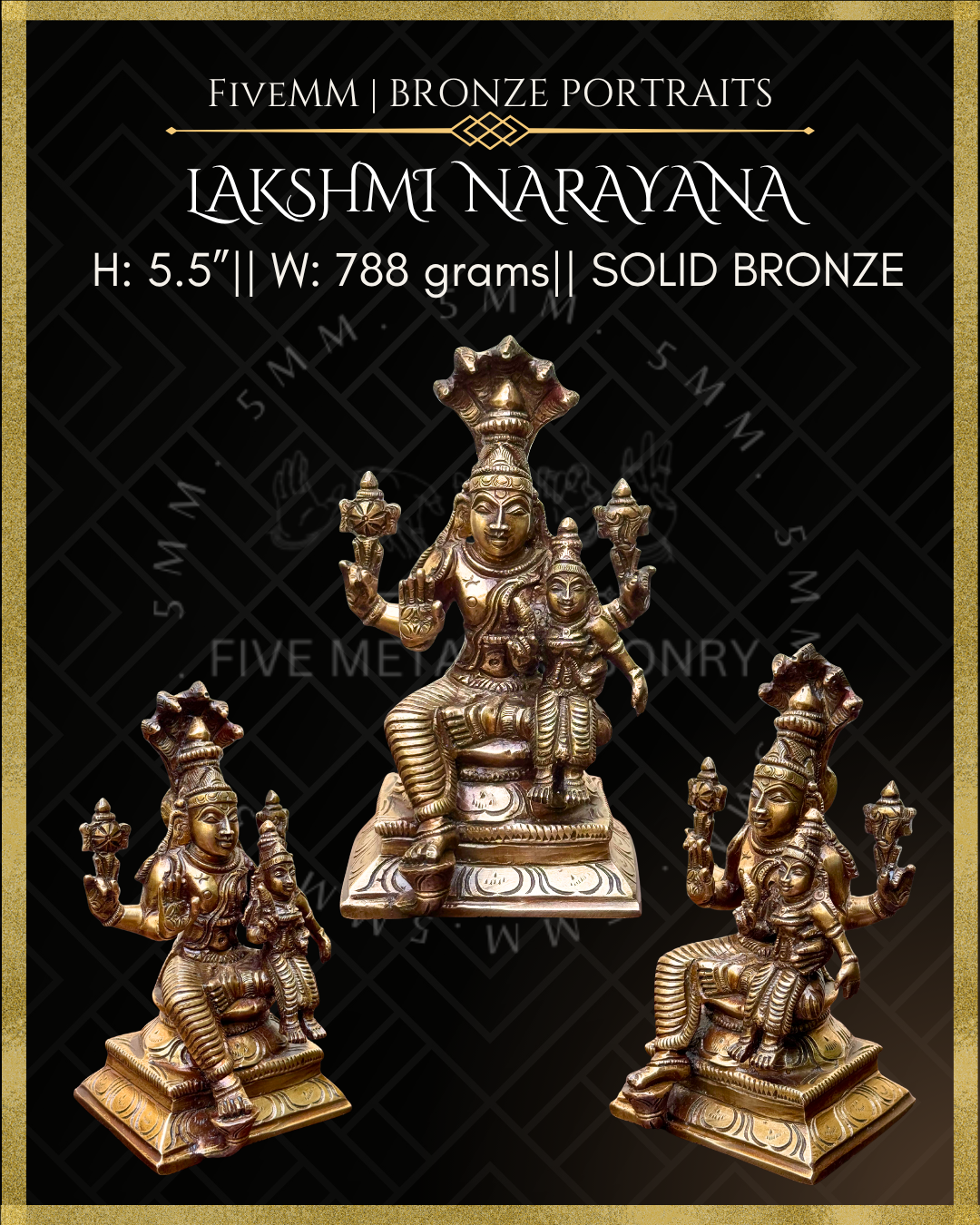 Dimensions and multi-angle view of Handcrafted Lakshmi Narayana Panchaloha bronze crafted in the South Indian silpa-sastra and traditional iconographic tradition.