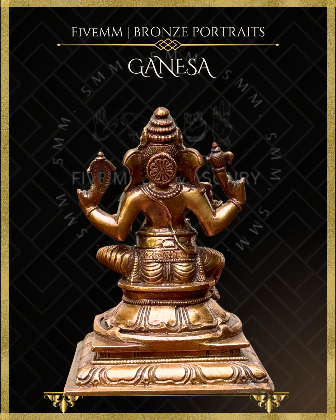 Rear view of handcrafted Panchaloha bronze Ganesha, silpa-sastra aligned and rooted in the South Indian iconographic tradition, showing the tiered crown, sirascakra, ornaments, draped garment and detailed lotus pedestal.