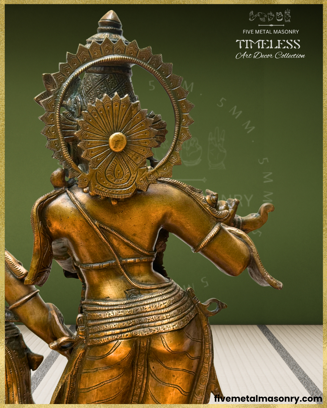 Rear close-up view of handcrafted Panchaloha bronze Krishna as Venugopala from the Timeless Collection, highlighting the elaborate śiras-cakra with radiating floral detailing, ornamented headdress, yajñopavīta, arm ornaments and layered waistbands.