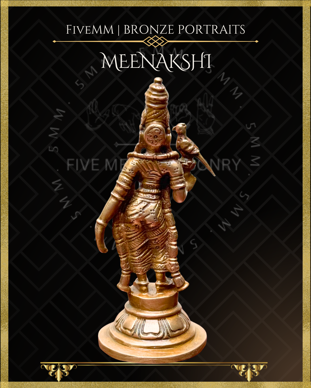 Bronze statue of Parvati as Meenakshi with a bird on a black background with 'Fivemm' branding.