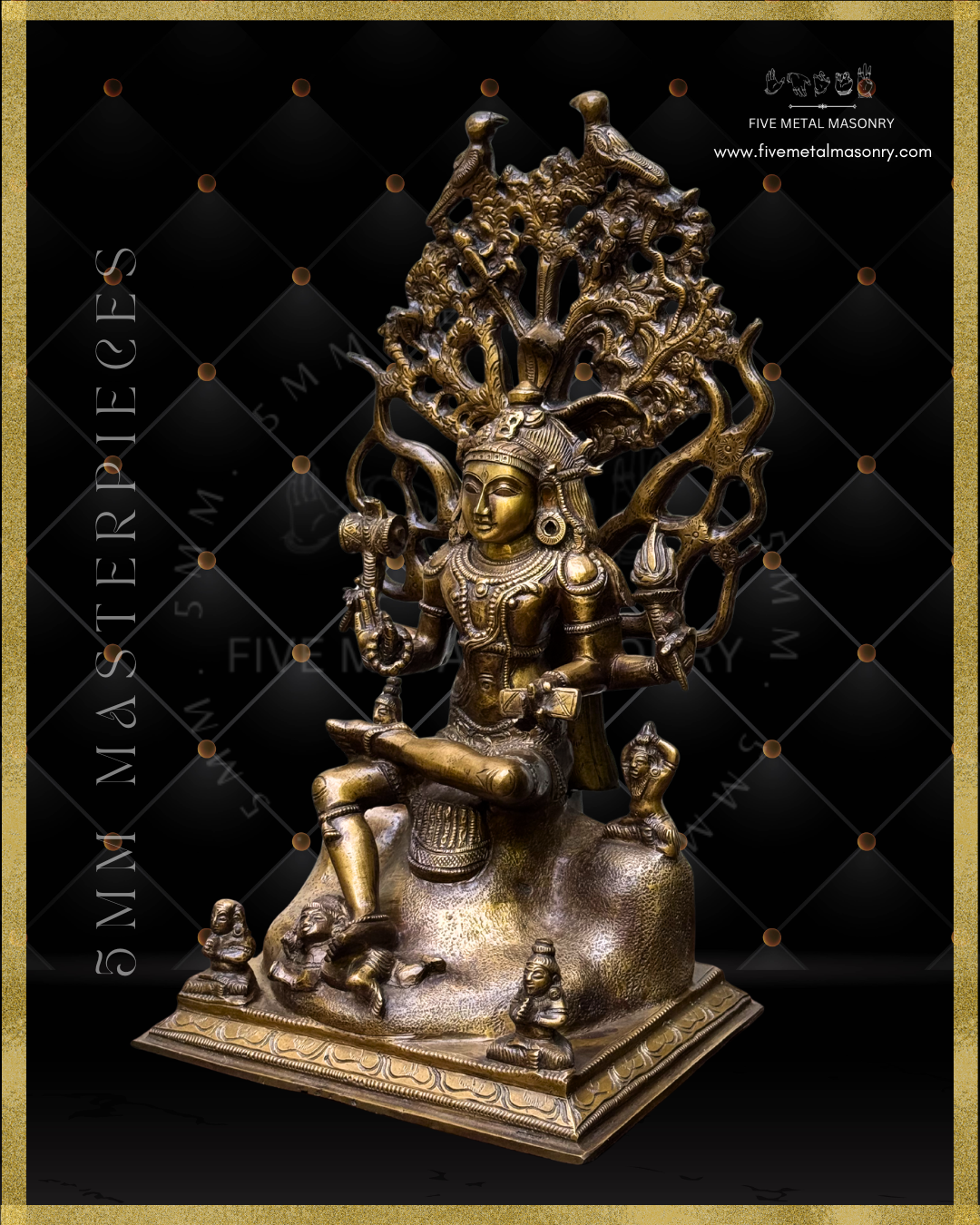 Left profile view of Handcrafted Panchaloha bronze Dakshinamurti statue, crafted according to Shilpasastra principles, featuring traditional South Indian iconography of Shiva as the divine teacher seated beneath the banyan tree with sages and Apasmara.