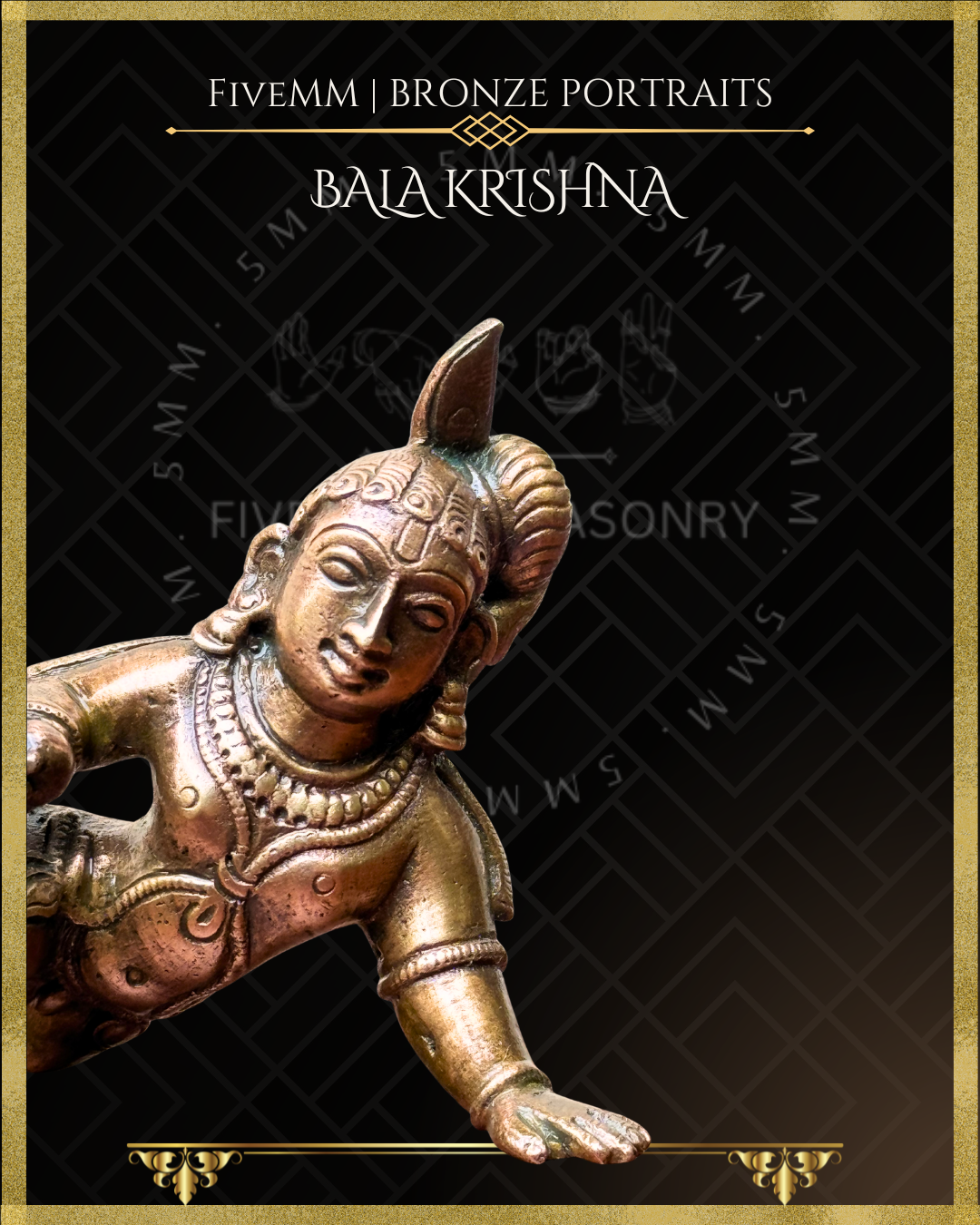 Close up of Bala Krishna handcrafted Panchaloha bronze statue in crawling pose, detailed South Indian iconography, traditional ornaments, topknot hairstyle