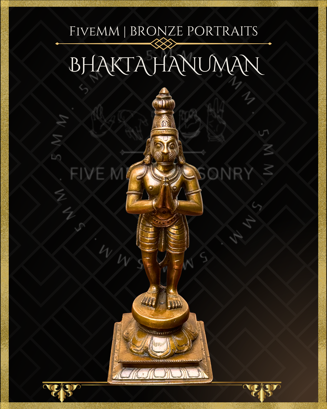 Top angle view of Handcrafted Bhakta Hanuman Panchaloha bronze statue in anjali hasta with slightly bent knees, detailed in traditional South Indian silpa-sastra iconography.