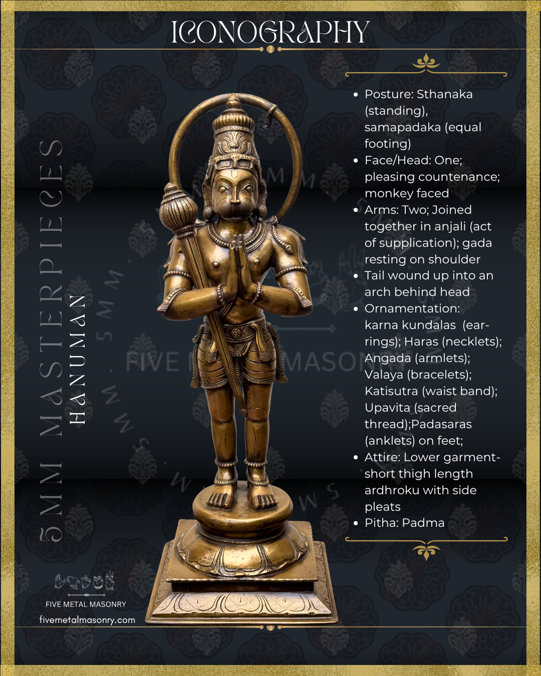 Bronze statue of Hanuman with detailed iconography on a dark background