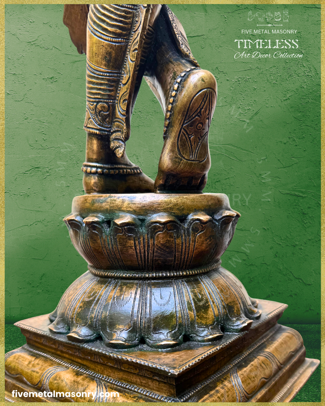 Close-up of handcrafted Panchaloha bronze Venugopala Krishna from Five Metal Masonry’s Timeless Collection, highlighting the raised foot with ornamental sole detailing, anklet and intricately worked double-lotus pedestal, with Silpasastra-inspired craftsmanship.