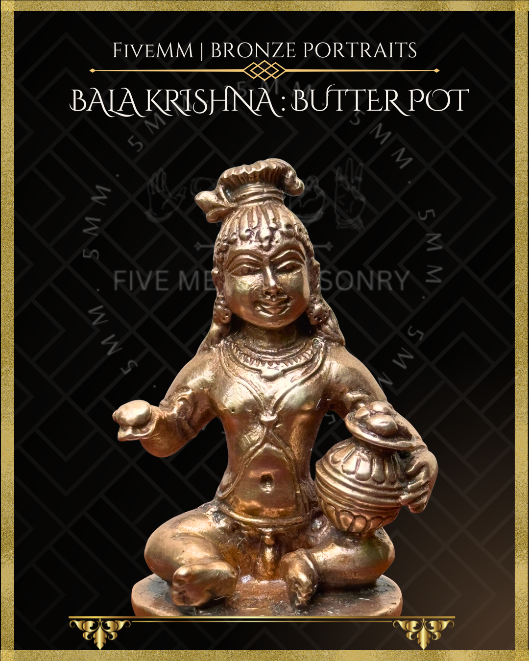 Closeup view of Handcrafted Panchaloha bronze of Bala Krishna seated on a lotus pedestal, holding a ball of butter and a decorated butter pot, crafted according to traditional Shilpasastra iconography.