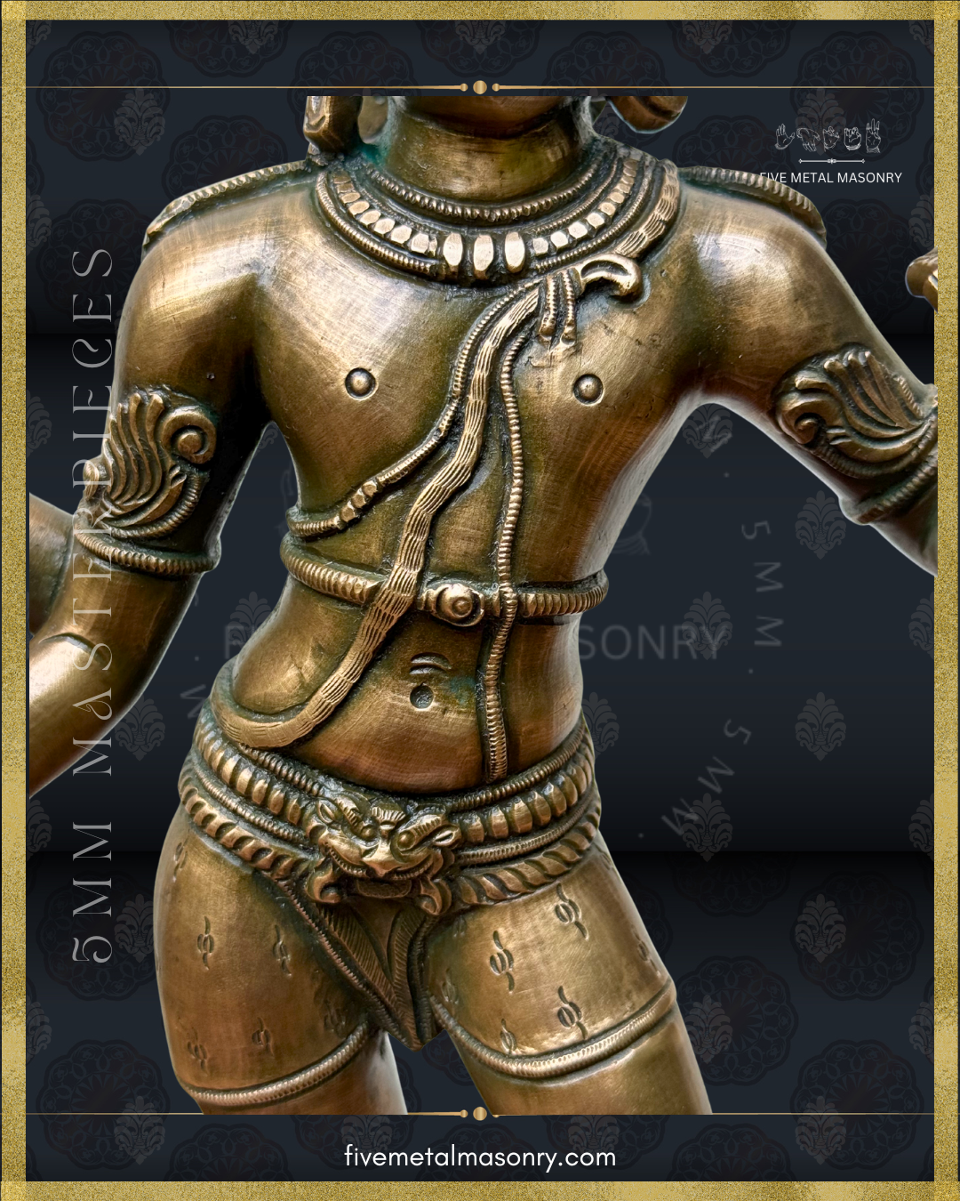 Close-up of Vinadhara Shiva handcrafted Panchaloha bronze sculpture highlighting refined torso modeling, layered hara necklaces, yajnopavita, ornate udara-bandha, kriti-mukha waist clasp and intricately patterned garment, from the Masterpieces collection inspired by South Indian Chola iconographic traditions.