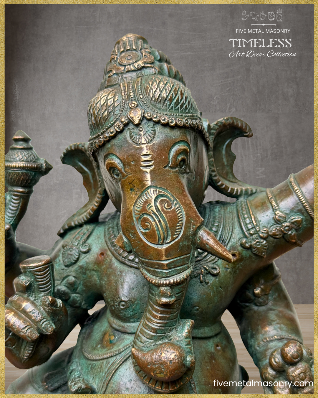 Front close-up of a handcrafted Panchaloha bronze Nritta Ganesha from the TIMELESS Collection, highlighting the Karanda Makuta, elephant face, broken tusk, modaka bowl, traditional jewellery, and antique patina finish.
