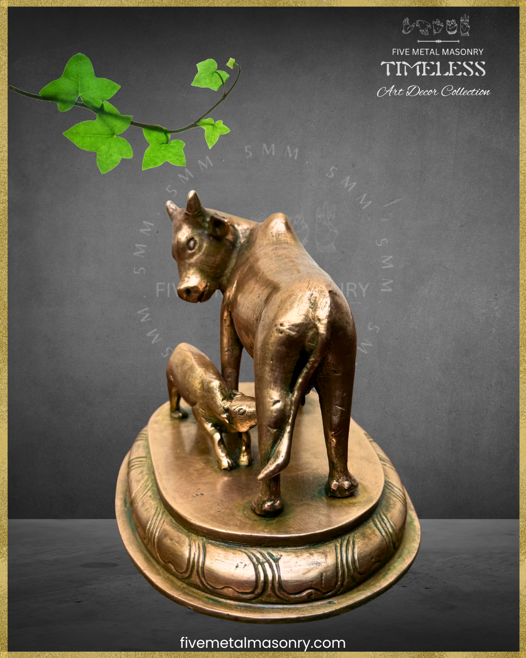 Bronze sculpture of cow and calf on a decorative base with green leaves, branded 'Five Metal Masonry'.