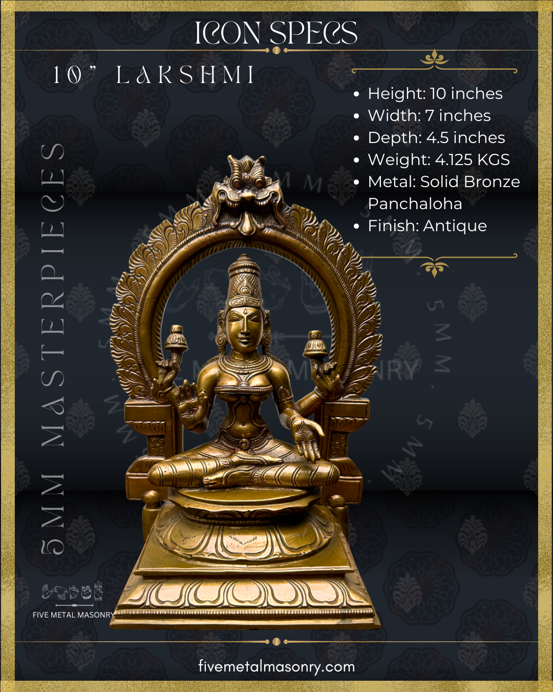 Product dimensions of handcrafted Panchaloha bronze Lakshmi statue from the Five Metal Masonry Masterpieces collection, crafted according to Shilpasastra principles, featuring traditional South Indian iconography with four arms, lotus attributes, abhaya and varada hastas, and finely detailed ornaments.