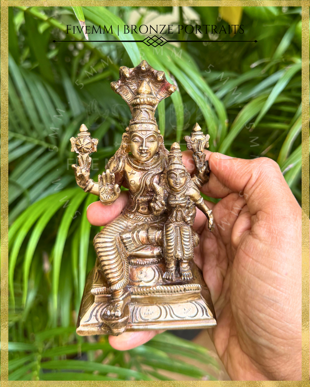 Hand-held view of Handcrafted Lakshmi Narayana Panchaloha bronze with Narayana seated in lalitasana beneath five-hooded Adi Sesha, holding cakra and sankha, with Lakshmi seated on his lap holding a padma, crafted in the South Indian silpa-sastra and traditional iconographic tradition.
