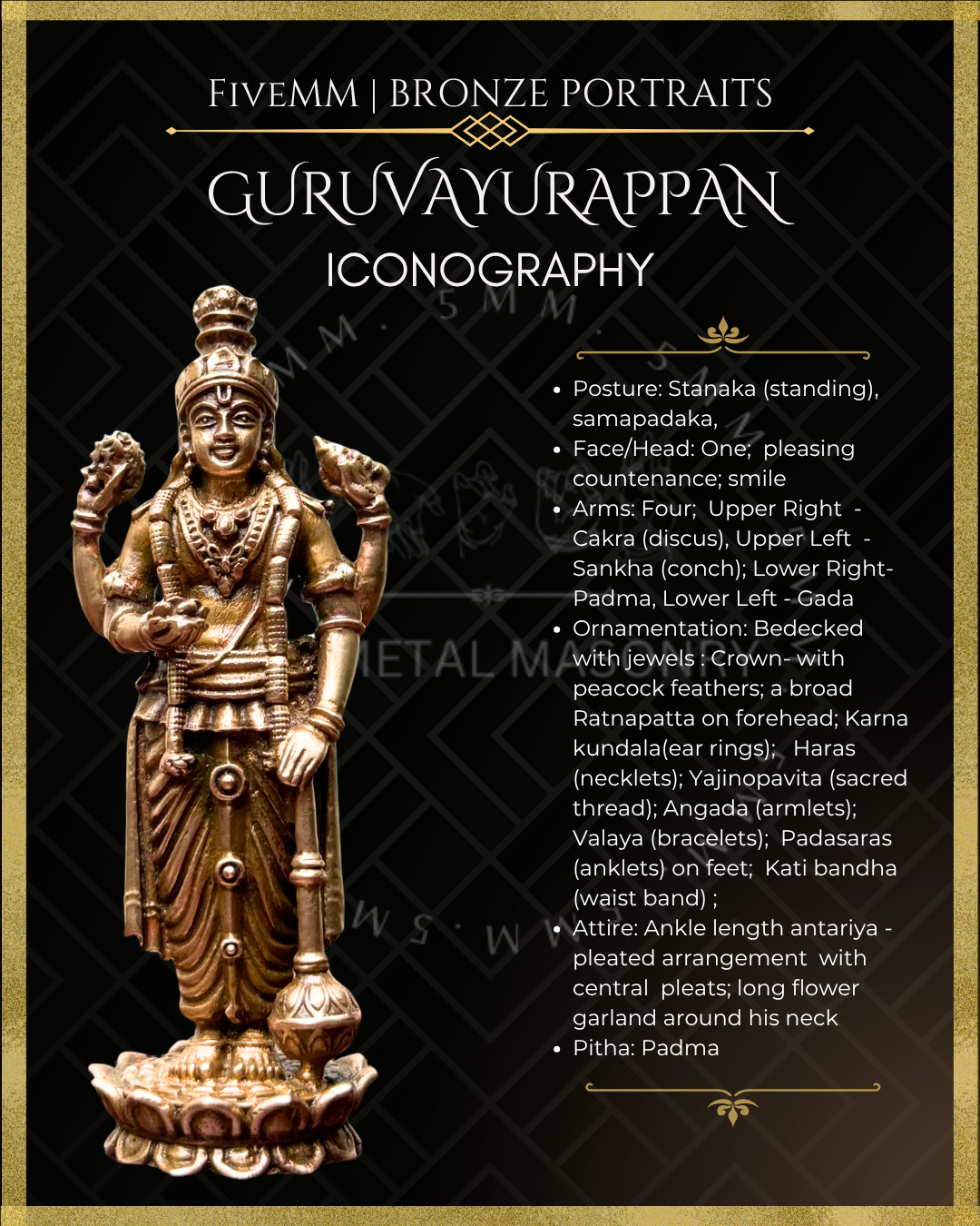 Bronze statue of Guruvayoorappan with iconography details on a black background
