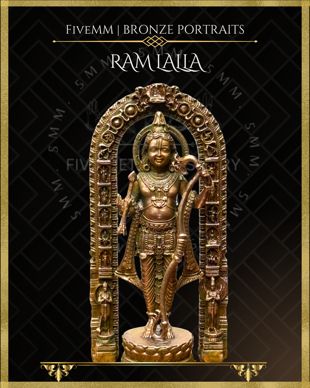 Close up view of of handcrafted Panchaloha bronze icon of Ram lalla of Ayodhya standing beneath an ornate prabhavali, holding a bow and arrow, adorned with a knotted jata, intricate jewellery, lotus pedestal in the classical Indian iconographic style.