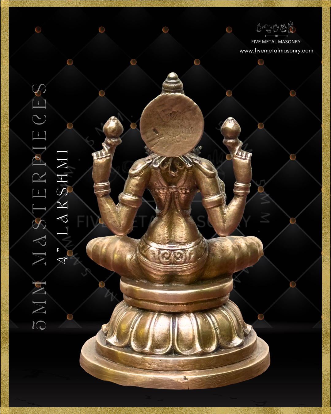 Rear view of panchaloha bronze seated Lakshmi icon from the Masterpieces collection in padmasana posture, holding lotus buds in the upper hands with lower hands in abhaya and varada hastas, featuring kirita makuta, siraschakra, layered ornamentation and lotus pedestal in South Indian bronze style.