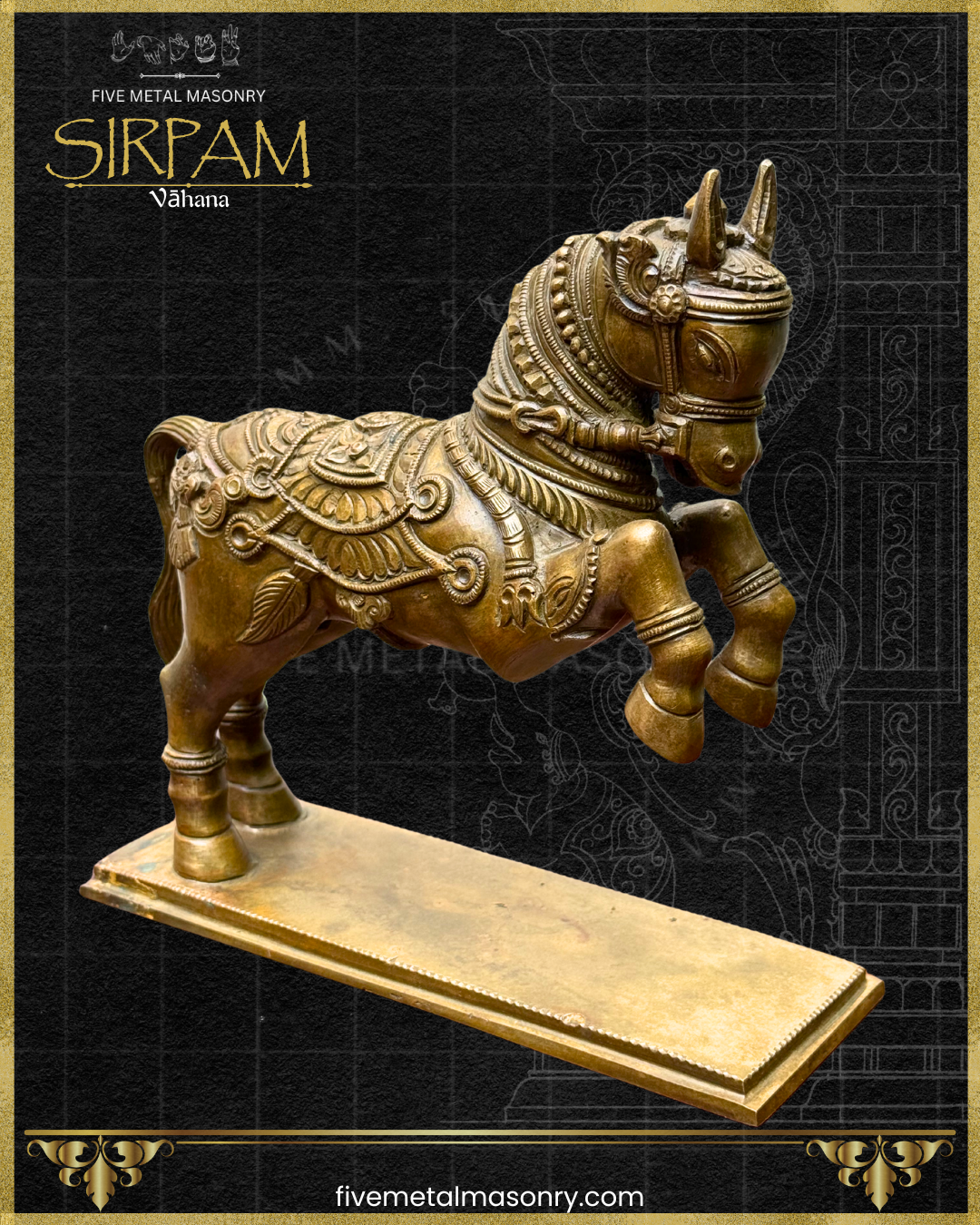 Decorative bronze sculpture of a Horse Vahana on a black background with 'Five Metal Masonry' branding.