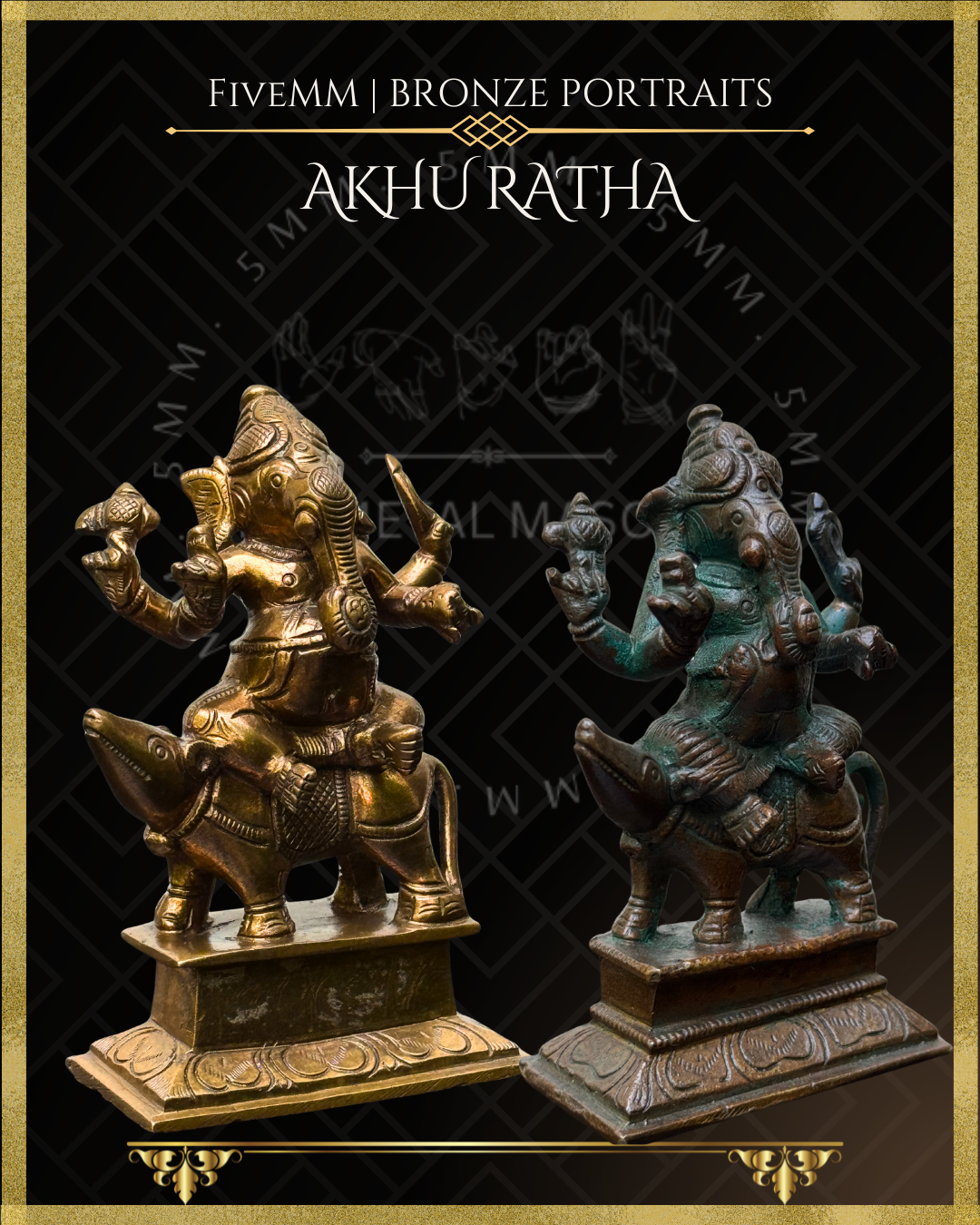 Ganesha on Mushaka (mouse) Panchaloha Bronze statue – per Shilpa Sastra iconography, handcrafted by lost wax casting – Right facing view