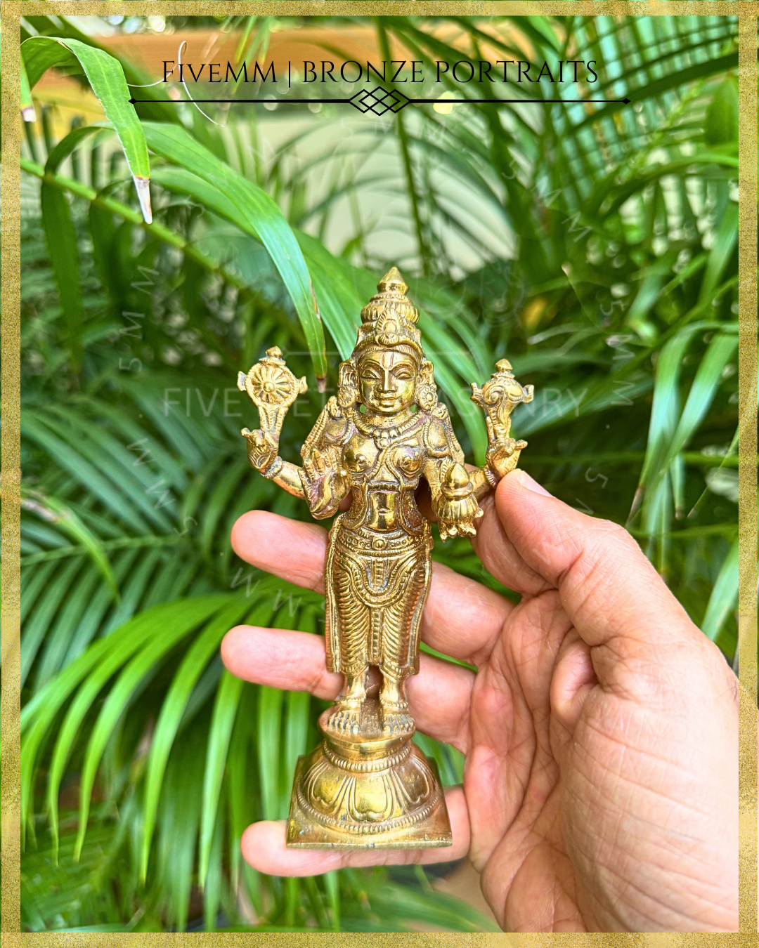 Hand-held view of Handcrafted Dhanvantari Panchaloha bronze statue in standing samabhanga posture, with four arms holding chakra, sankha, jalauka and amrta-kalasa, detailed kiritamakuta, traditional ornaments and padma pitha, crafted in the silpa-sastra and traditional iconographic tradition.