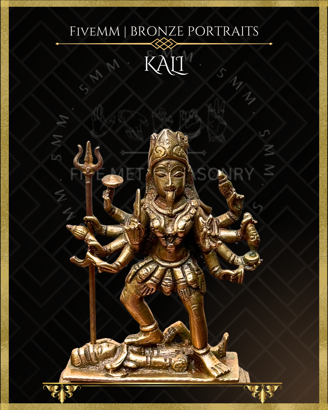 Close up top angle view of Handcrafted Kali Panchaloha bronze statue in pratyalidha stance over prostrate Shiva, with ten arms holding traditional ayudhas, fierce expression, extended tongue, mundamala and detailed ornamentation, crafted in the silpa-sastra and traditional iconographic tradition.