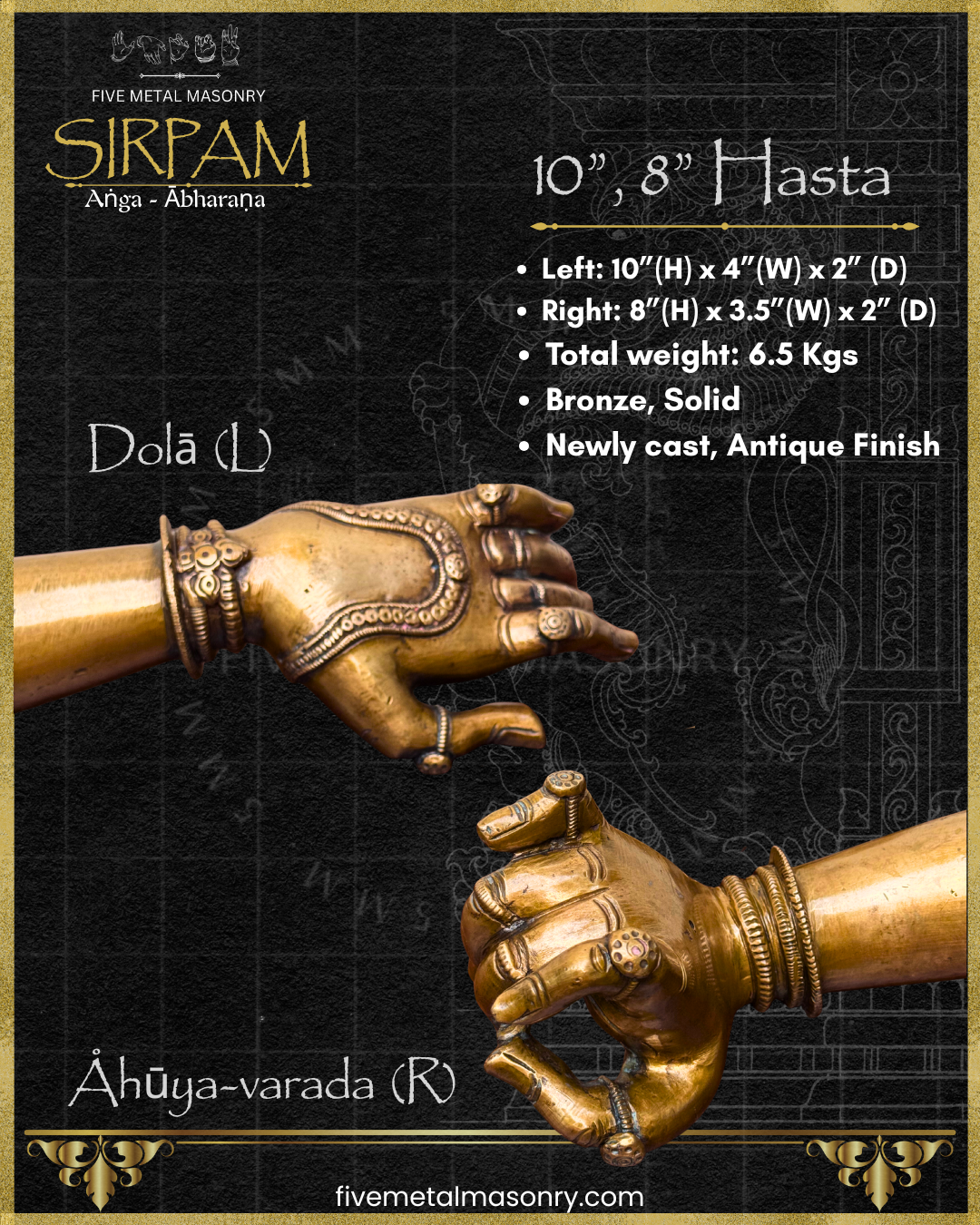 Bronze hands reaching towards each other with product details on a black background