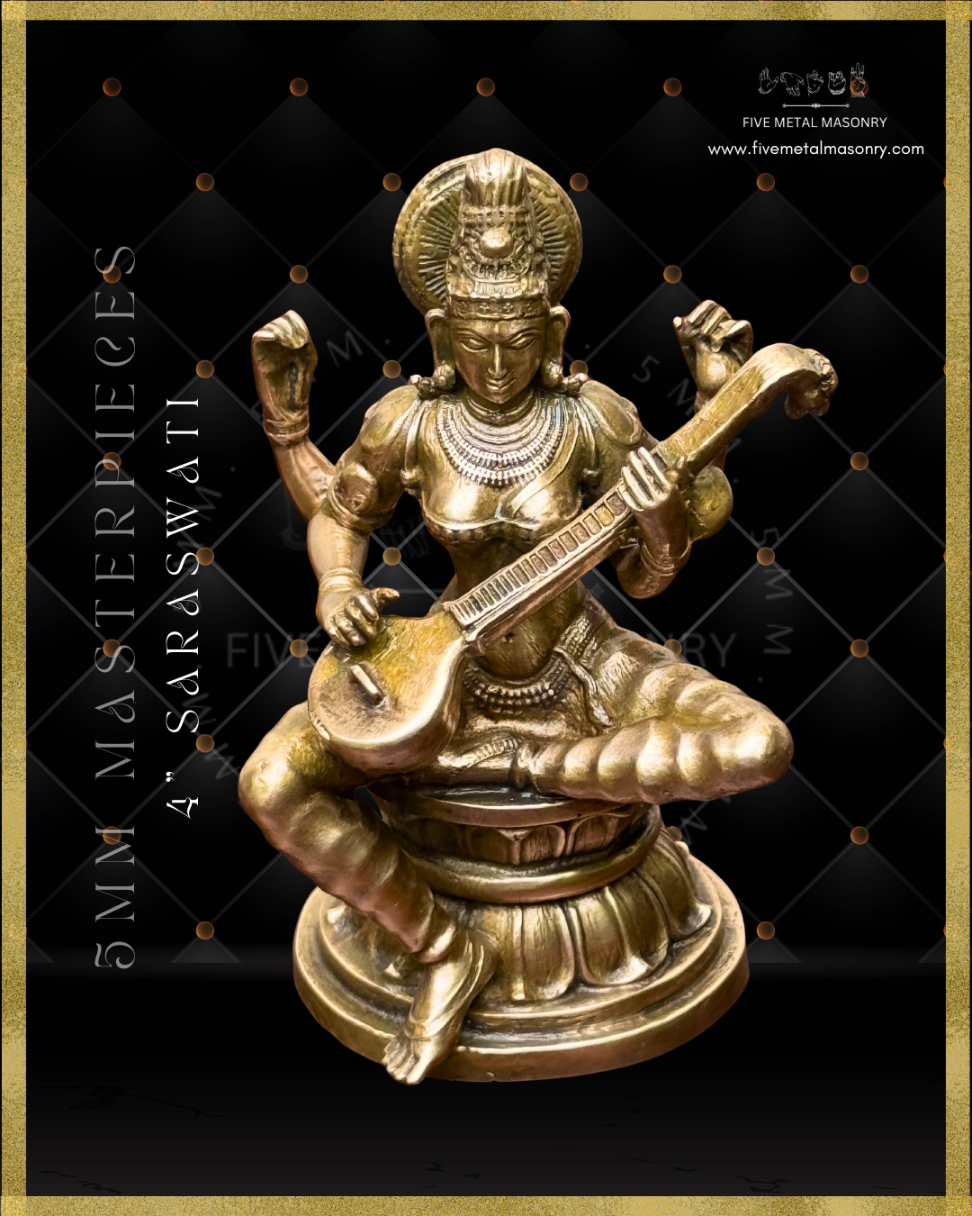 Top angle view of panchaloha bronze seated Saraswati icon from the Masterpieces collection, four armed and holding the veena across the torso in the lower hands, with upper hands holding aksamala and kamandalu, featuring jata makuta, siraschakra, layered ornamentation and lotus pedestal in South Indian iconographic style.