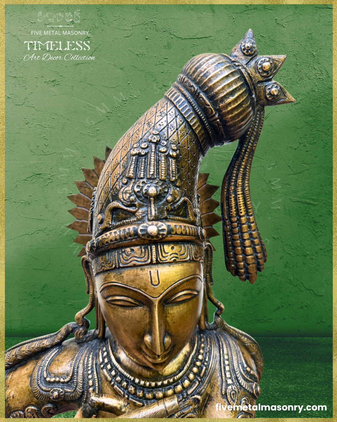 Close-up of handcrafted Panchaloha bronze Venugopala Krishna from Five Metal Masonry’s Timeless Collection, highlighting the elongated kesa-bandha with intricate floral ornamentation, peacock feathers and long tassel, siras-chakra, Vaishnava tilaka, stylized facial features, kundalas and layered necklaces, with Silpasastra-inspired iconography.