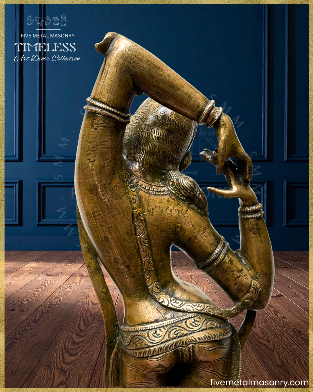 Closeup Rear view of panchaloha bronze Apsara icon from the Timeless collection in a graceful tribhanga stance, with raised arms, detailed jewellery, patterned drapery and refined sculptural detailing rooted in South Indian iconographic tradition.
