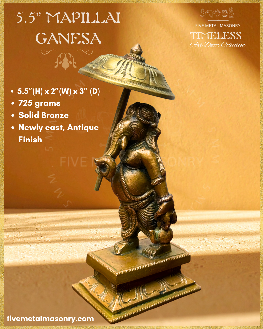 Dimensions of Handcrafted Panchaloha bronze Umbrella Ganesha (Mapillai Ganesha) in a walking posture, holding a ceremonial umbrella and water pot, from the Timeless collection, rooted in silpa-sastra tradition.