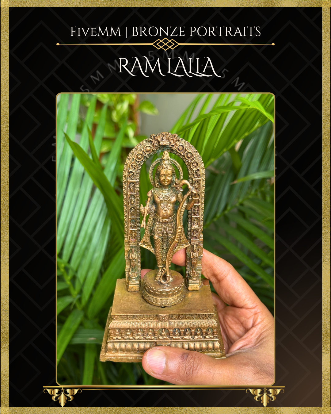 Hand held view of handcrafted Panchaloha bronze icon of Ram lalla of ayodhya standing beneath an ornate prabhavali, holding a bow and arrow, adorned with a knotted jata, intricate jewellery, lotus pedestal, and richly detailed adhisthana in the classical Indian iconographic style.