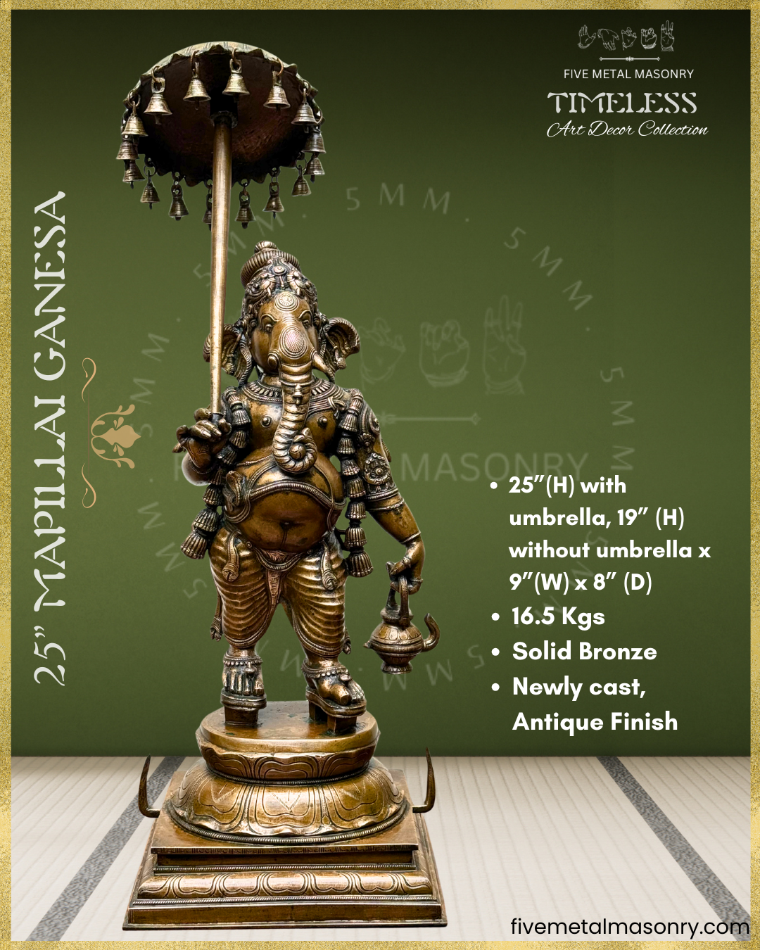 Product dimensions of antique finish Panchaloha bronze Ganesha with ceremonial umbrella and kamandalu, depicted in graceful posture on a lotus pedestal, adorned with karanda makuta, layered ornaments and detailed South Indian sculptural craftsmanship from the Timeless collection.