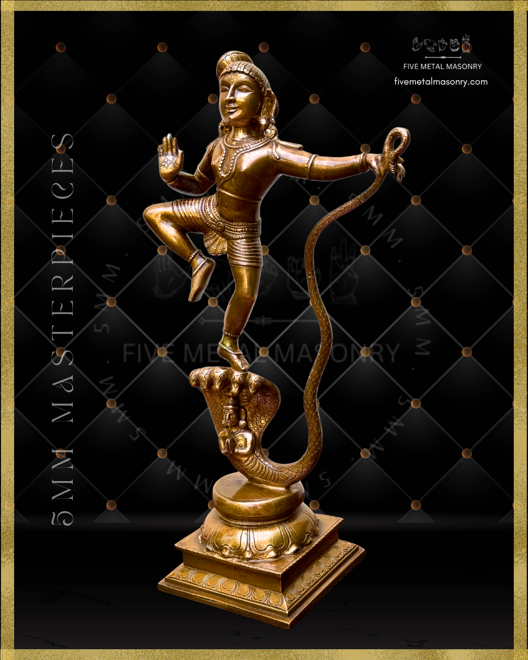 Right profile view of handcrafted Panchaloha bronze of Kaliya Tandava Krishna from our Masterpieces Collection, depicting Krishna dancing on the multi-hooded serpent Kaliya and holding his curving tail, aligned with Silpa Sastra principles and South Indian iconographic tradition.