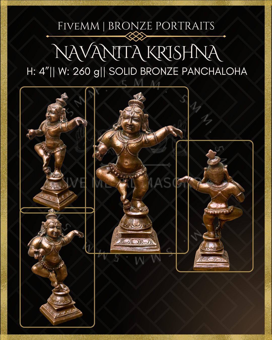 Navanita Krishna Panchaloha statue – Shilpa Sastra iconography, handcrafted lost wax casting –all angle view
