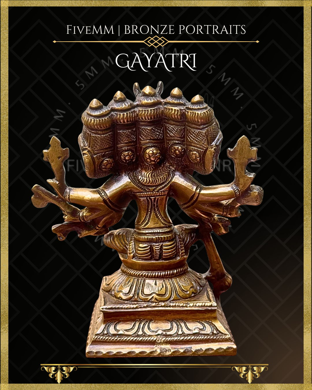 Rear view of handcrafted Panchaloha bronze of Gayatri Devi, showing the five crowned heads, multiple arms and attributes, rear ornamentation, garment detailing and lotus-patterned pedestal, following silpa-sastra and traditional iconography.