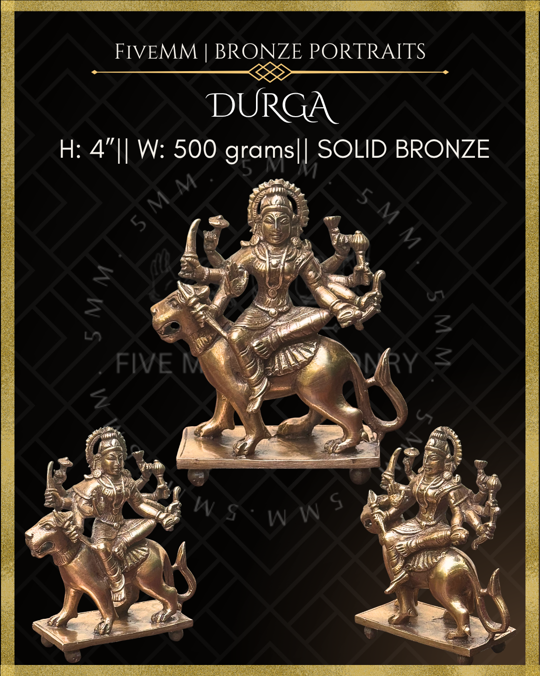 Dimensions and multi-angle view of Handcrafted Durga Panchaloha bronze seated in lalitasana on her simha vahana, crafted in the South Indian silpa-sastra and traditional iconographic tradition.