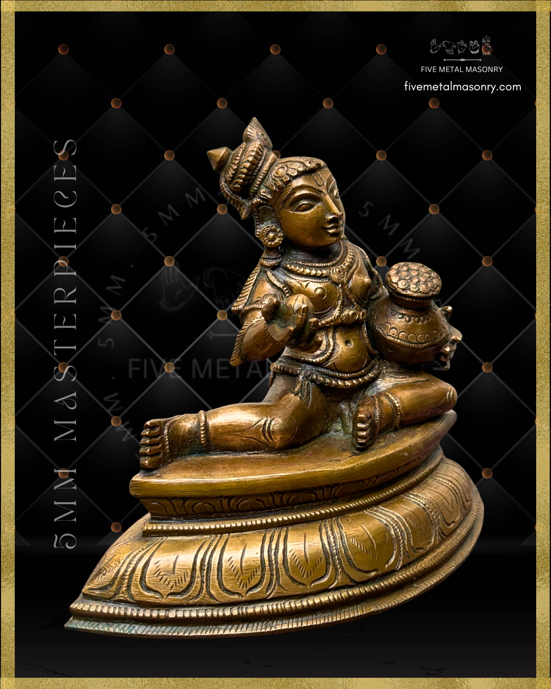 Right side view of handcrafted Panchaloha Bala Krishna bronze from the 5MM Masterpieces Collection, seated with one leg folded and the other extended, holding navanita butter and a butter pot, with urdhvapundra, peacock-feathered top knot, traditional ornaments and padma pitha, crafted according to Silpasastra iconography.