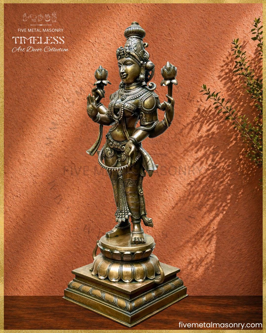 Left profile view of panchaloha Bronze statue of Lakshmi in standing posture from Timeless collection