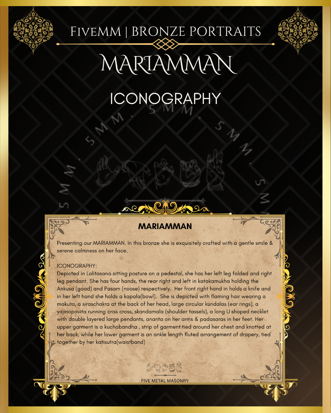 Mariamman Panchaloha Bronze statue – Shilpa Sastra iconography, handcrafted lost wax casting – Iconographic description