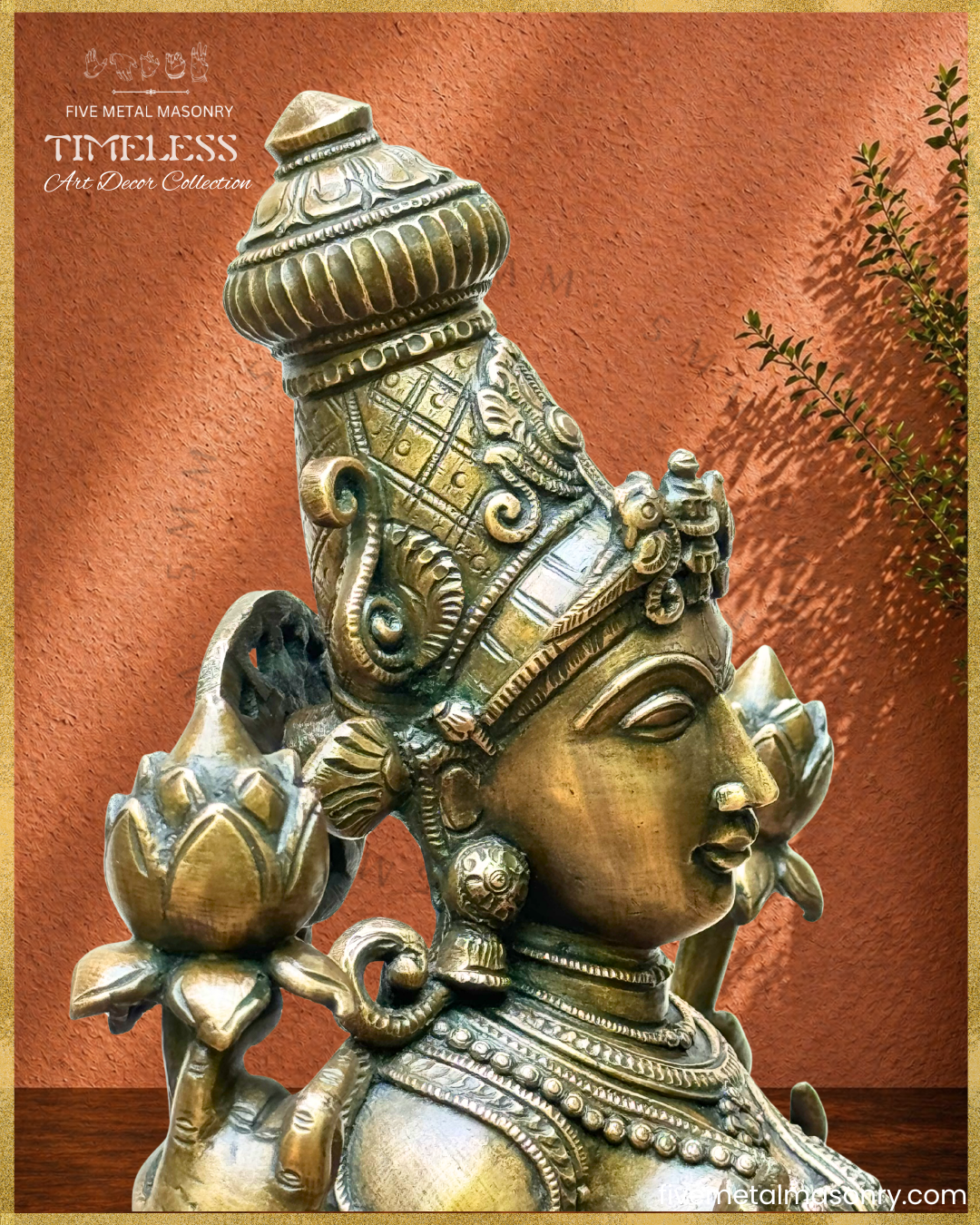 Right profile closeup of Lakshmi panchaloha bronze showing details of face, crown and ornamentation
