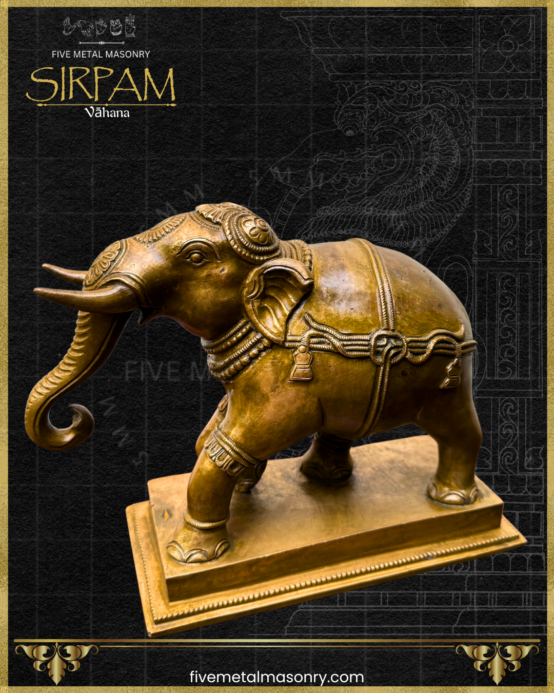 Decorative bronze elephant statue with intricate designs on a dark background, featuring the brand 'Five Metal Masonry'.