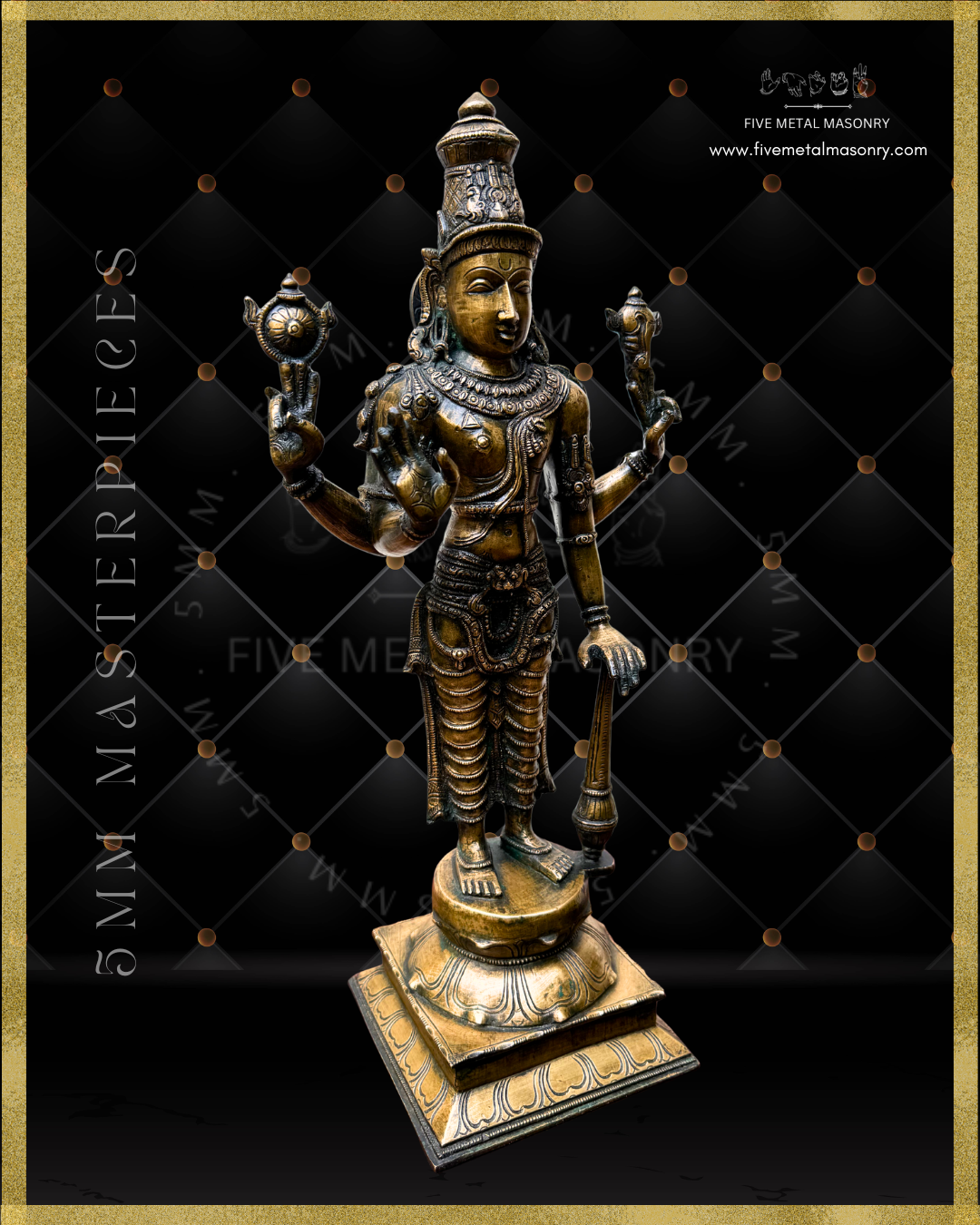 Right profile view of Handcrafted Vishnu Panchaloha bronze statue with four arms holding cakra and sankha, abhaya mudra and gada, crafted with detailed South Indian iconography in the silpa-sastra tradition.