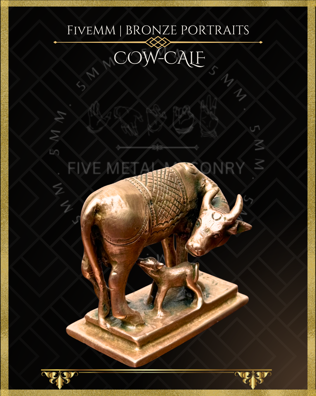Bronze sculpture of a cow and calf on a decorative black and gold background with 'Fivemm' branding.