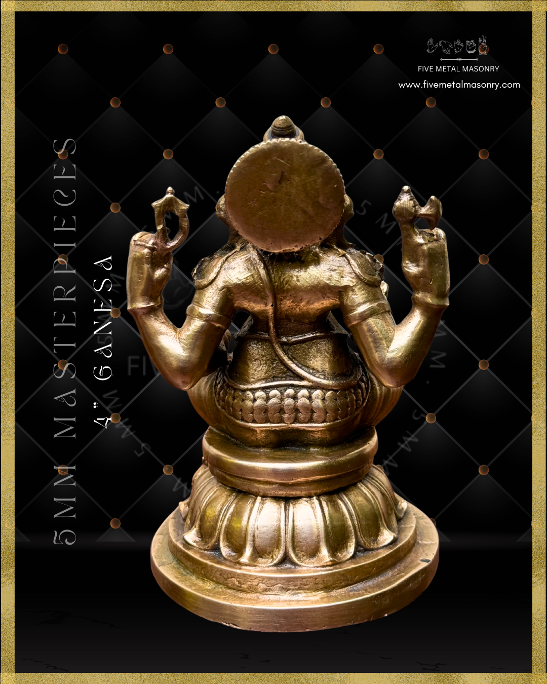 Rear view of panchaloha bronze seated Ganesha icon from the Masterpieces collection holding goad, noose, broken tusk and modaka, with elongated curved trunk, karanda makuta, lotus pedestal and mouse vahana in South Indian bronze style.