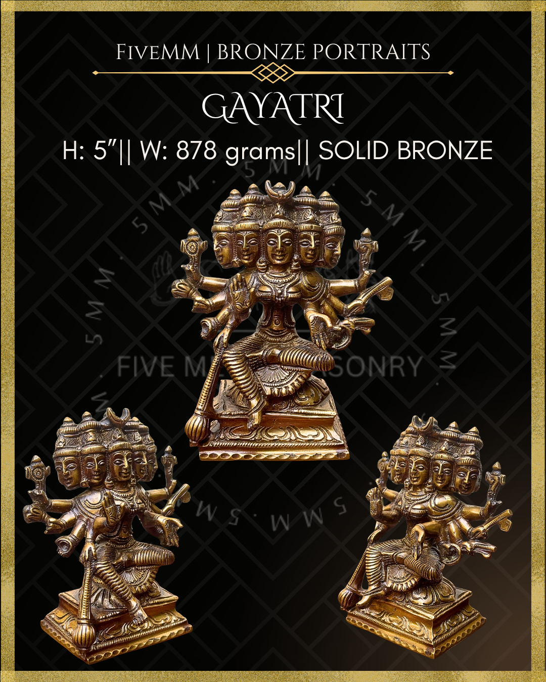 Dimensions and multi-angle view of Handcrafted Panchaloha bronze of five-headed, ten-armed Gayatri Devi seated in lalitasana on a padma pitha, holding multiple ayudhas and attributes, following silpa-sastra and traditional iconographic tradition.